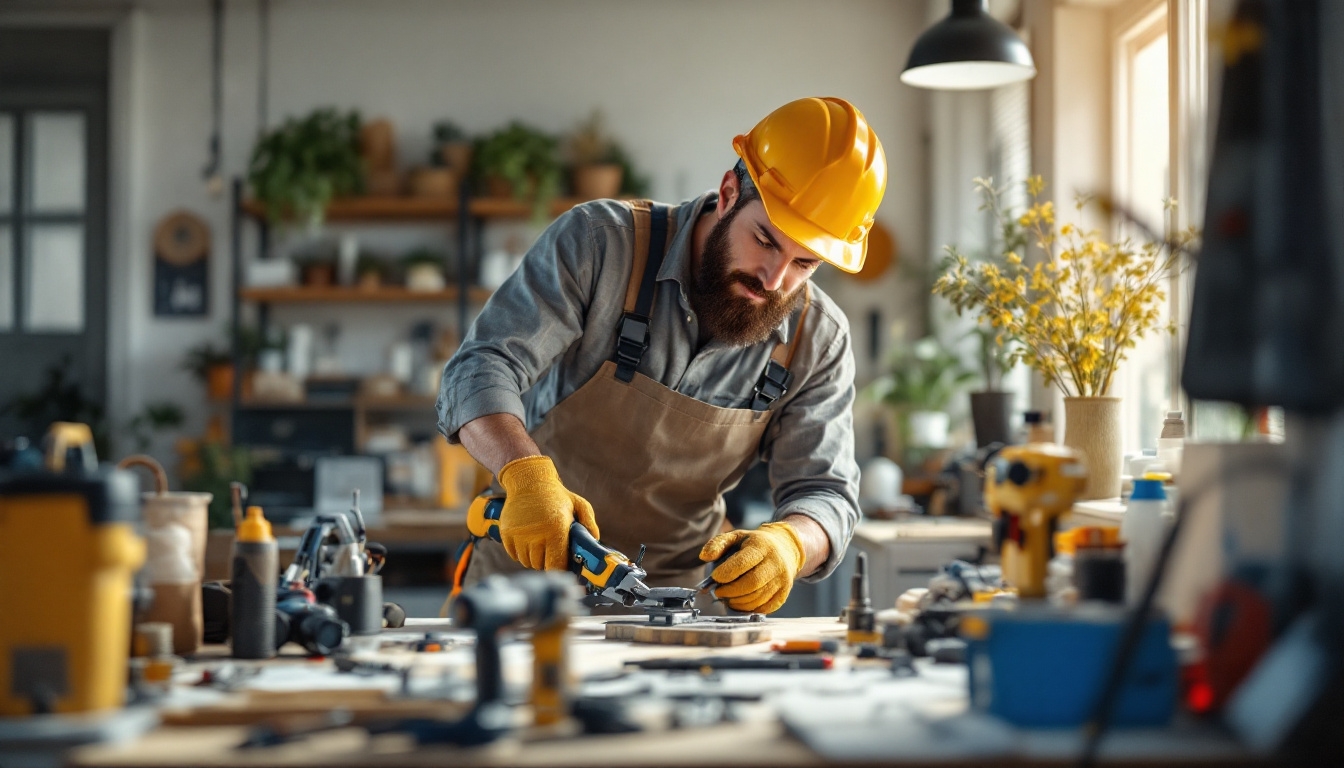 A photograph of a skilled tradesperson using modern electrical tools in a well-lit