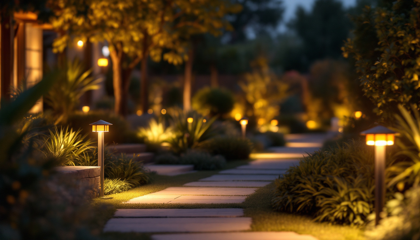 A photograph of a beautifully landscaped outdoor space at dusk