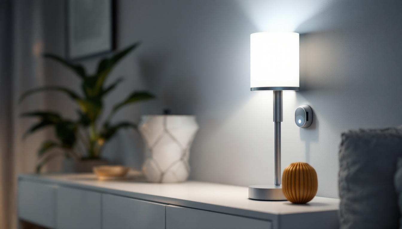 A photograph of a stylishly designed room featuring a motion sensor lamp in action