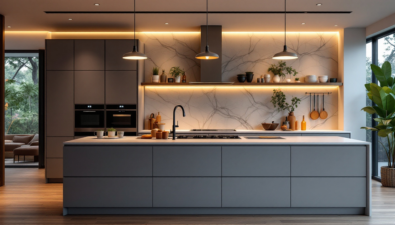 A photograph of a beautifully designed island kitchen featuring modern lighting fixtures that highlight the latest trends in kitchen illumination
