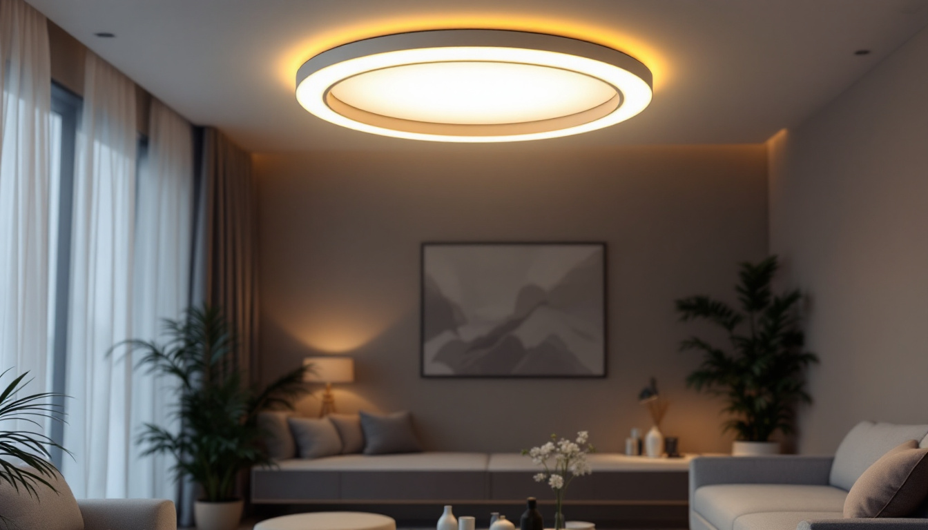 A photograph of a beautifully designed round led ceiling lamp in a modern living space
