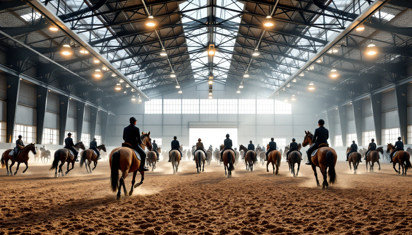 A photograph of a vibrant indoor horse arena bustling with activity