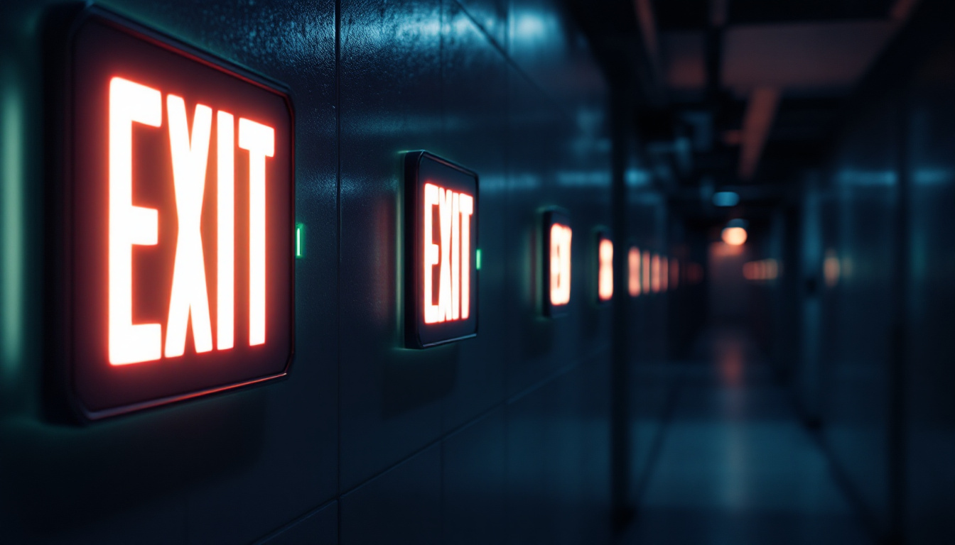 A photograph of a dimly lit hallway featuring illuminated exit signs that highlight energy-efficient led technology