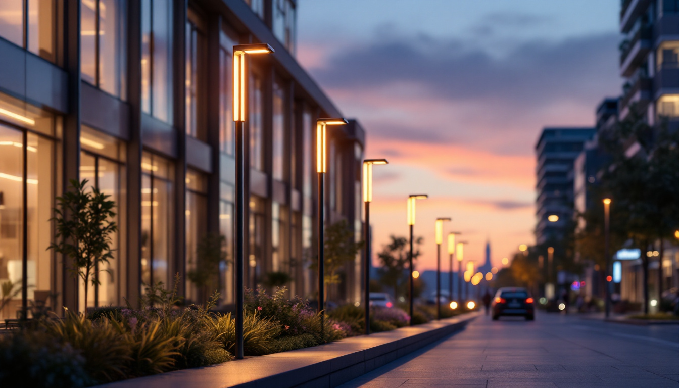 A photograph of a modern urban street scene featuring innovative street lights that blend seamlessly into the surrounding architecture
