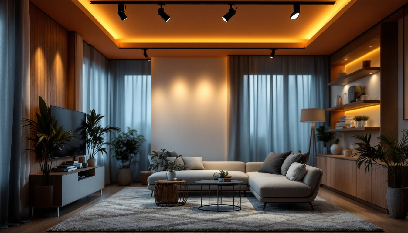 A photograph of a stylishly designed room featuring track lighting with led bulbs