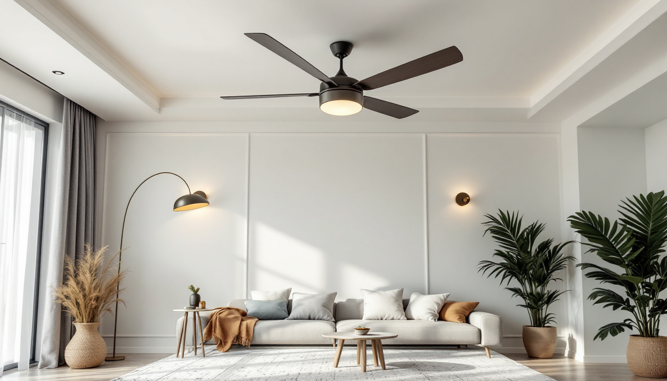 A photograph of a stylishly designed room that seamlessly incorporates both ceiling fans and decorative lighting fixtures