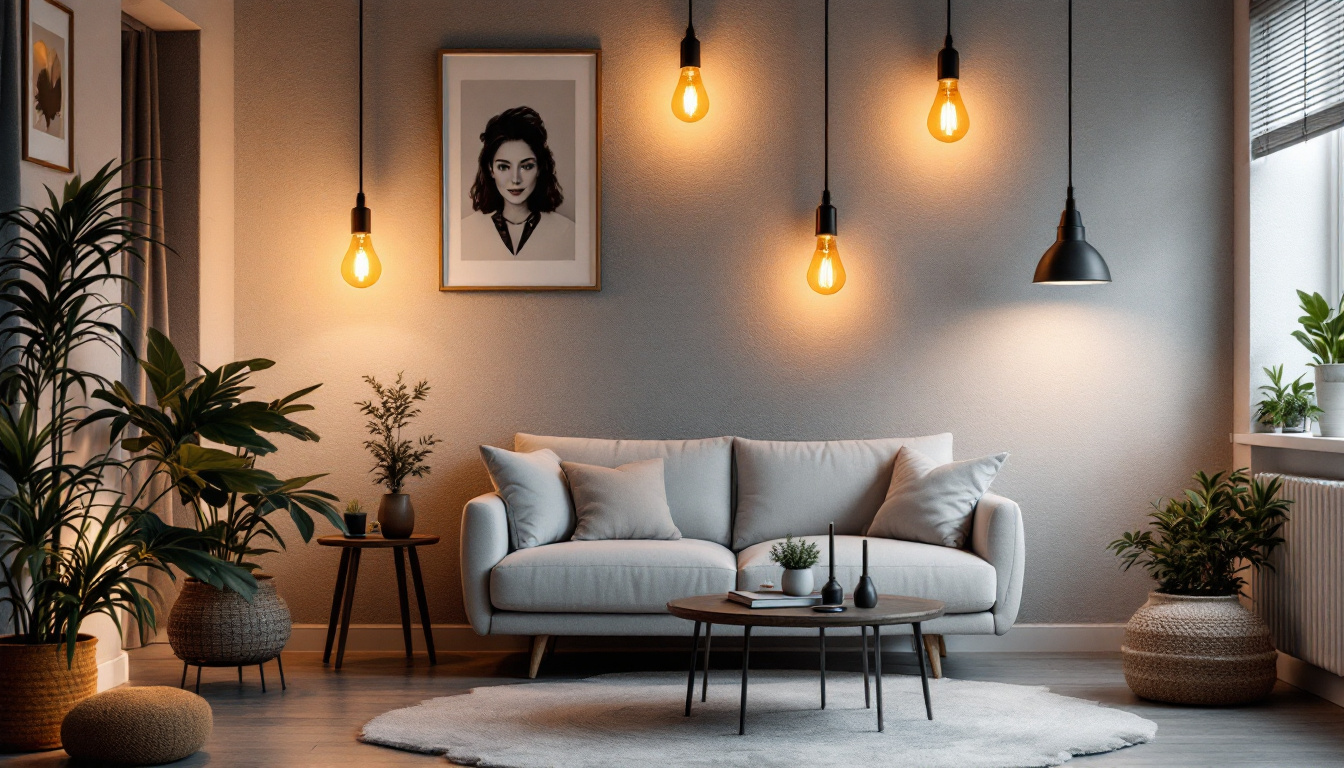 A photograph of a stylishly designed room showcasing various specialized light bulbs in use