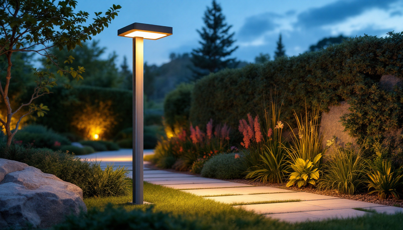 A photograph of a modern outdoor solar-powered lighting installation in a beautifully landscaped setting