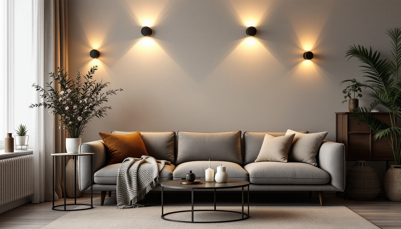 A photograph of a beautifully arranged interior space featuring a variety of stylish wall sconces in different designs and lighting effects