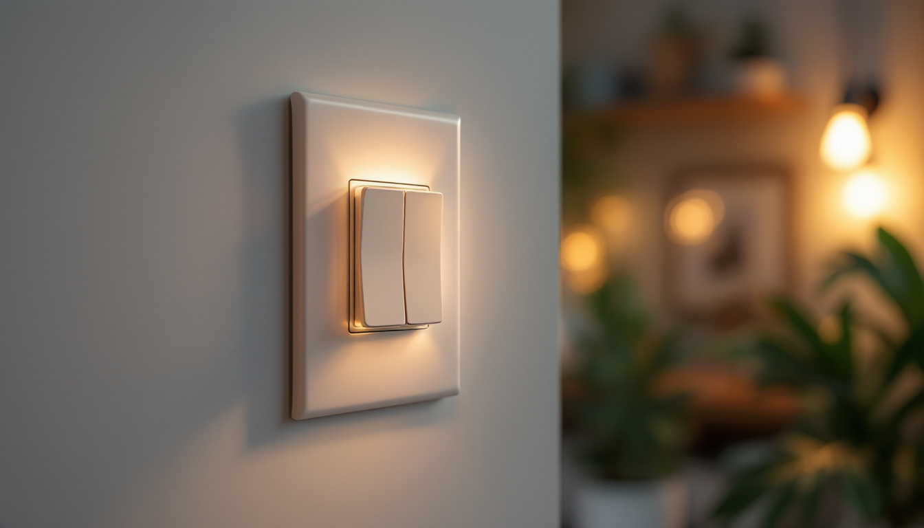 A photograph of a close-up shot of a 20 amp light switch in an aesthetically pleasing home setting