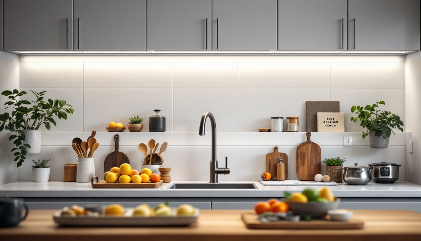 A photograph of a beautifully illuminated kitchen with low voltage under cabinet lights highlighting the countertops and creating a warm