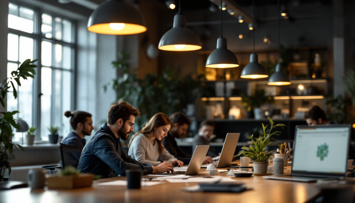 A photograph of a well-lit modern workspace featuring stylish hanging lamps that enhance the ambiance