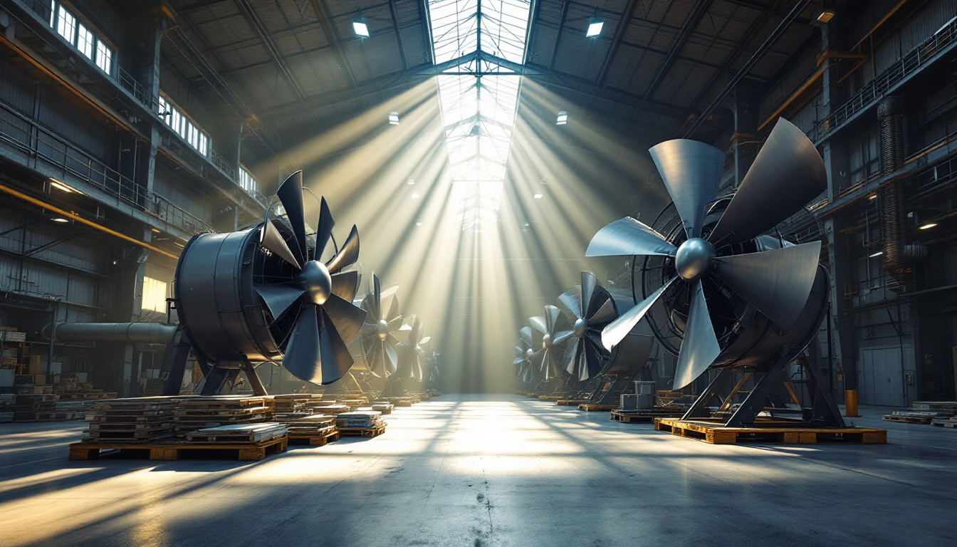 A photograph of a spacious warehouse interior showcasing large industrial fans in action