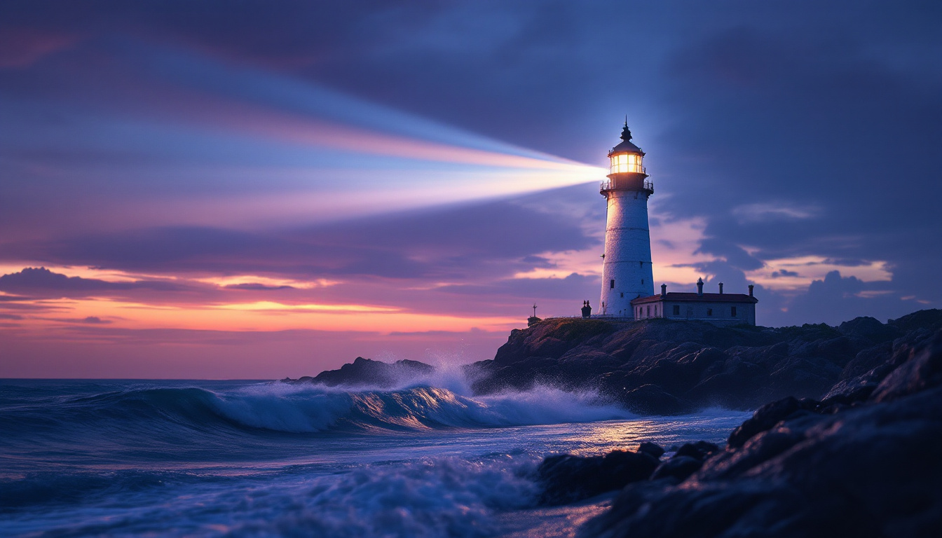 A photograph of a beautifully illuminated lighthouse at dusk