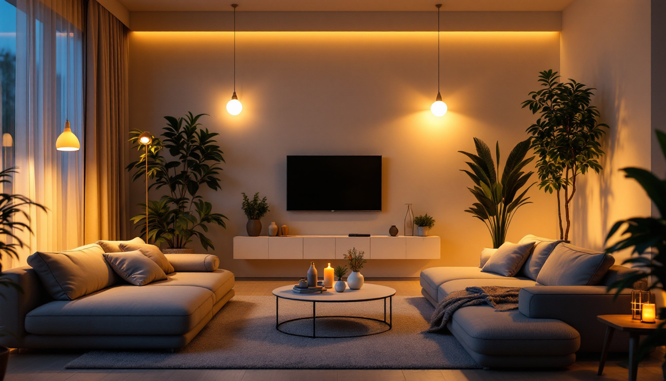 A photograph of a modern living space illuminated by various led bulbs