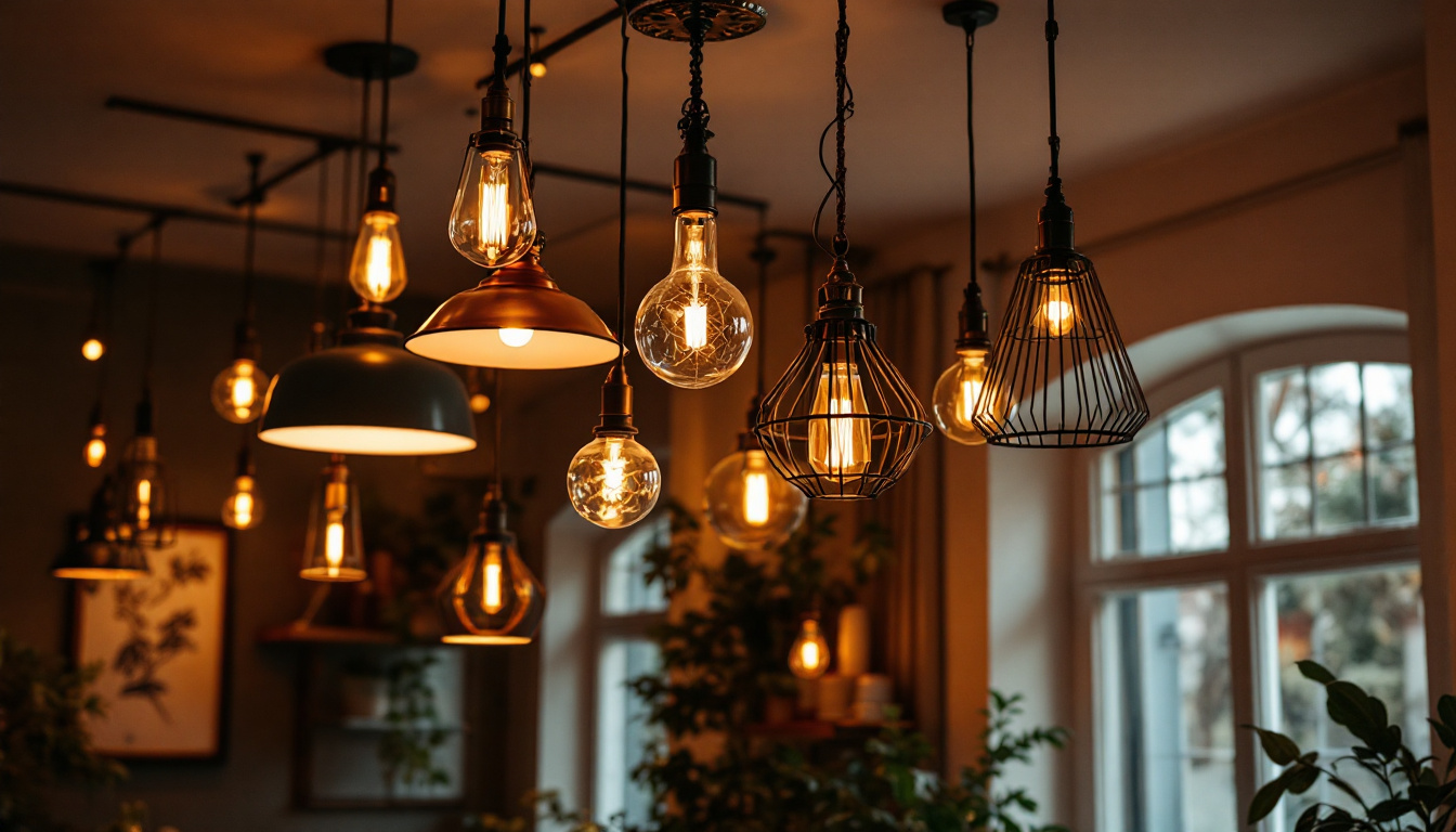 A photograph of a stylishly decorated room featuring various ceiling hanging lights in use