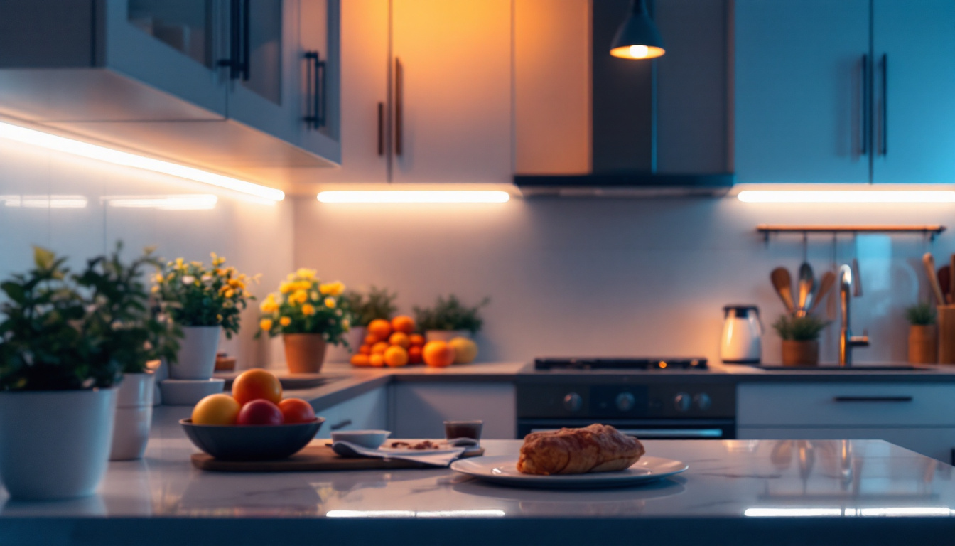 A photograph of a beautifully lit kitchen scene featuring under cabinet strip lights illuminating the countertop
