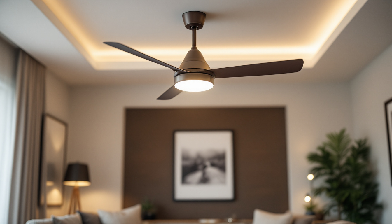 A photograph of a stylish modern ceiling fan with a three-speed switch prominently displayed