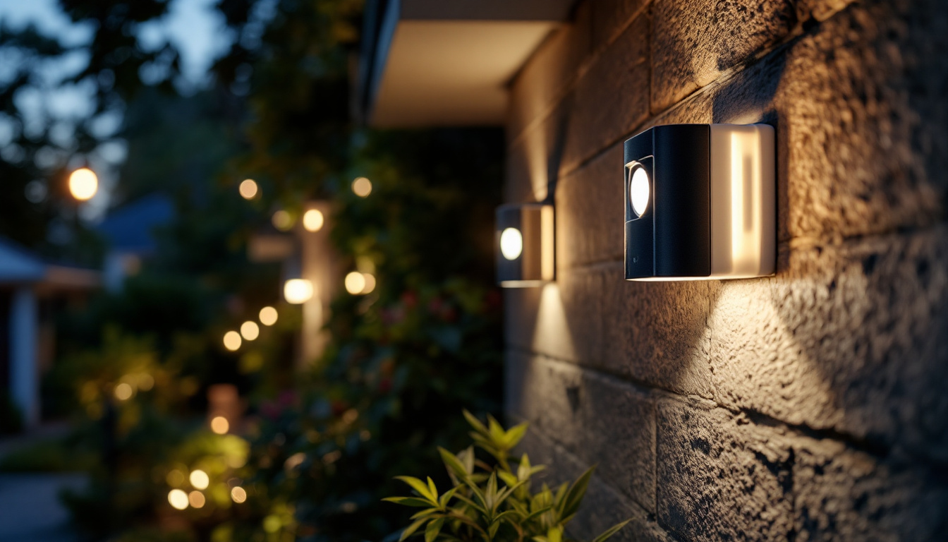 A photograph of capture a photograph of a well-lit outdoor setting featuring various types of motion detectors installed on walls or lamp posts