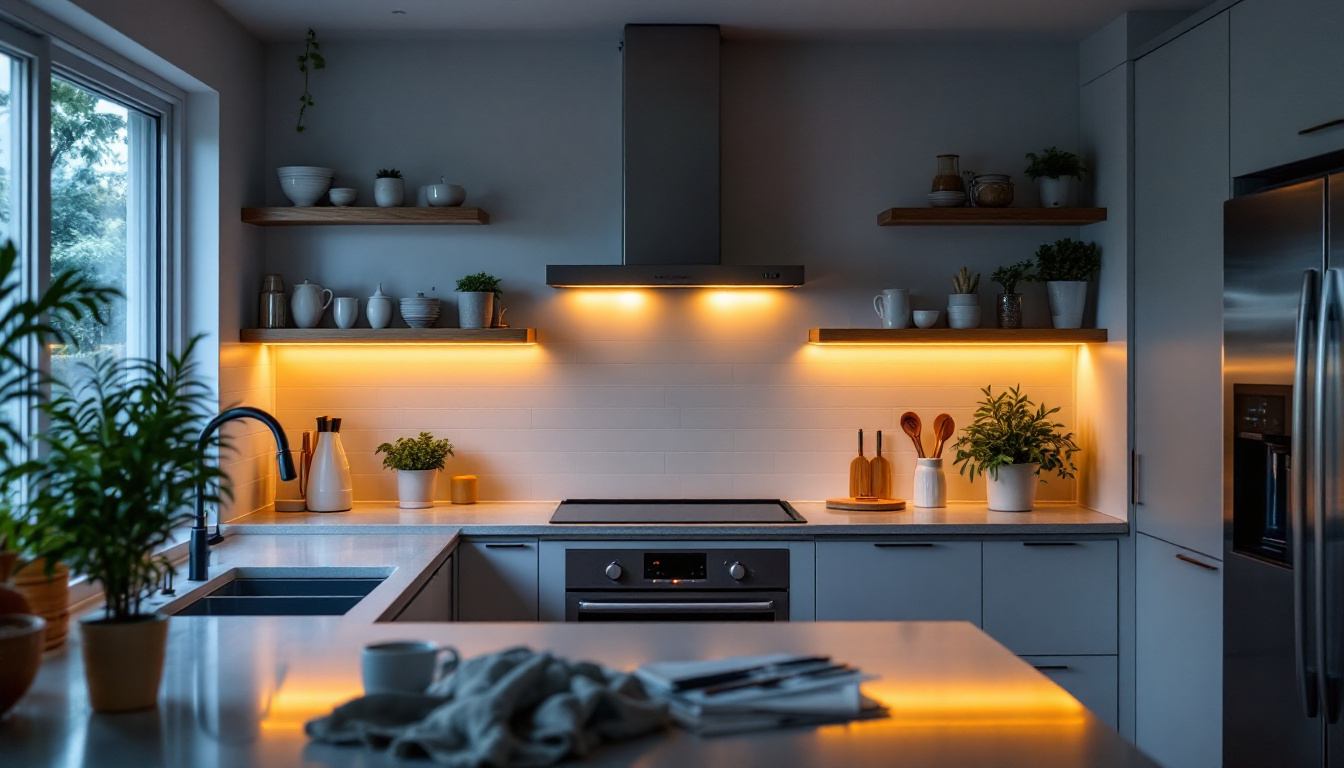 A photograph of a beautifully illuminated kitchen featuring modern led under-cabinet lighting