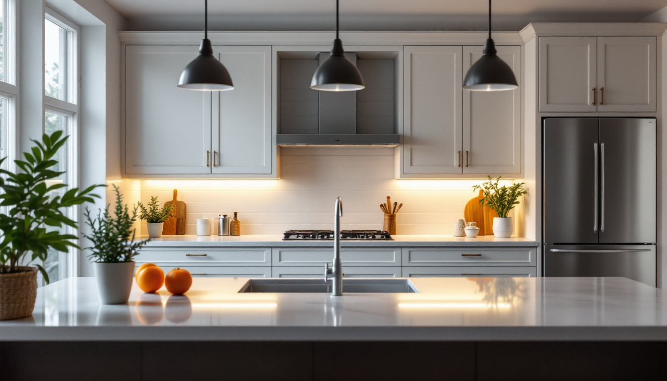 A photograph of a beautifully designed kitchen featuring under-cabinet lighting that highlights the countertops and creates an inviting ambiance