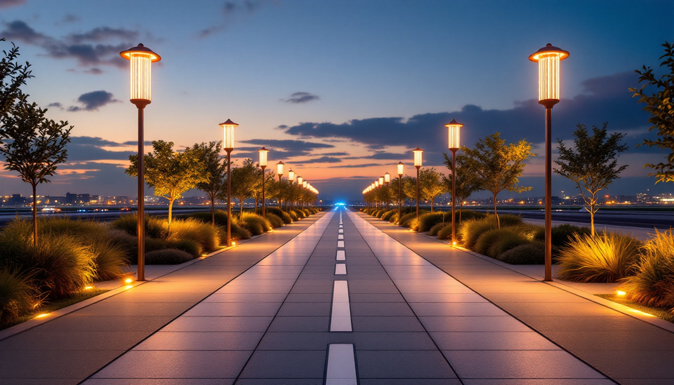 A photograph of capture a photograph of a beautifully designed outdoor space featuring creatively integrated airport runway lights