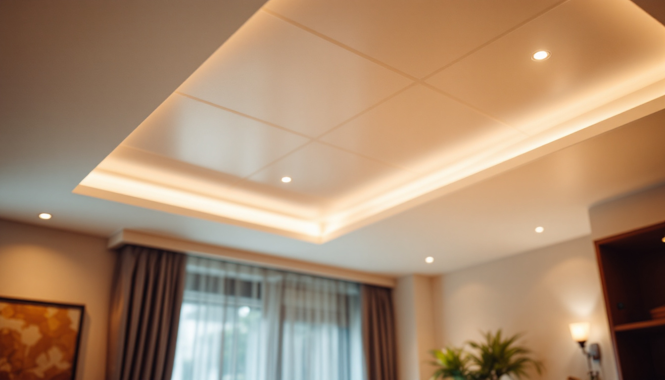 A photograph of a beautifully designed room featuring recessed lighting integrated into ceiling tiles