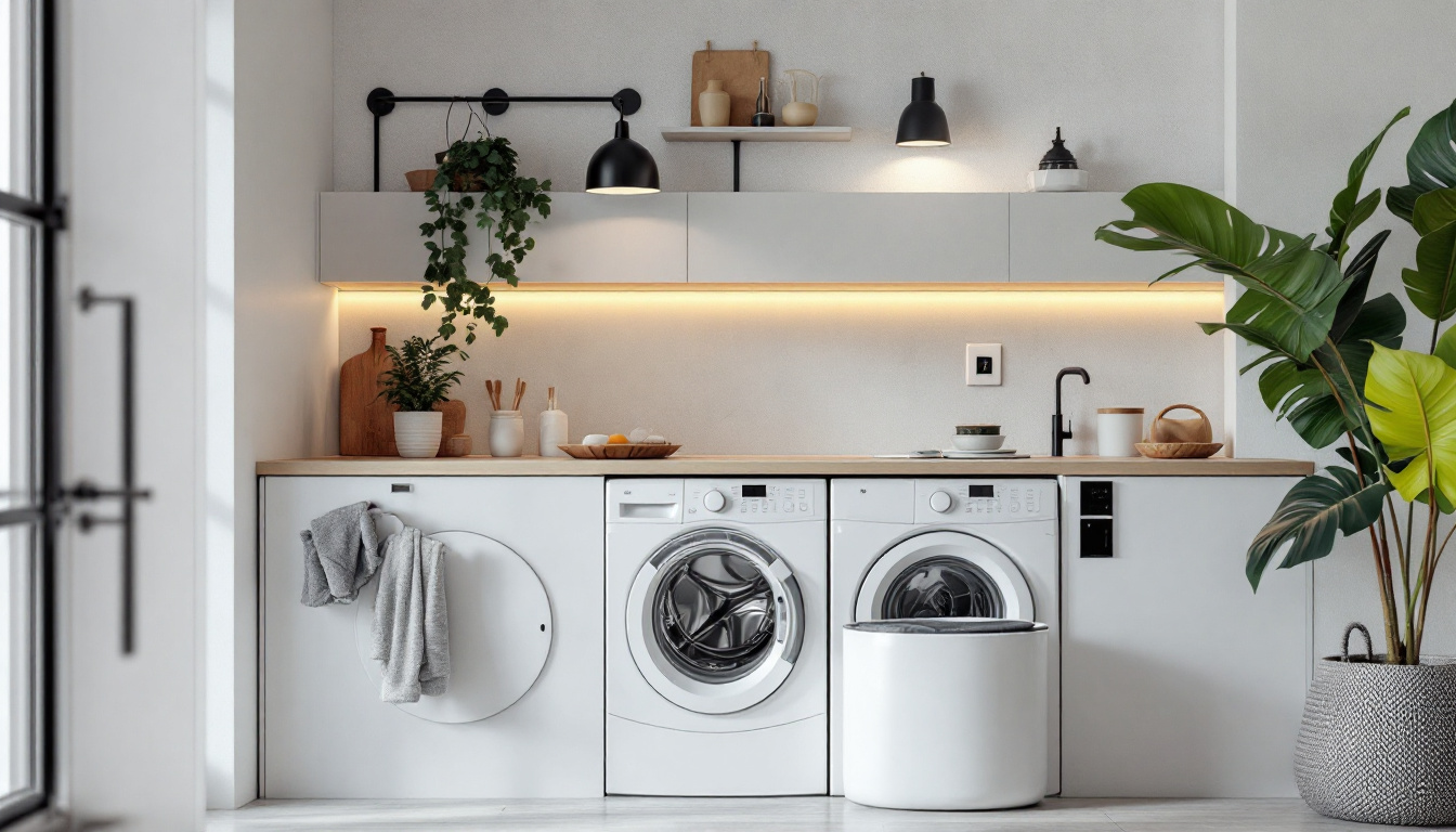 A photograph of a modern laundry room featuring a sleek electrical outlet designed for a dryer