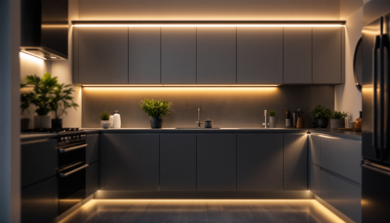 A photograph of a modern kitchen featuring sleek strip under cabinet lighting