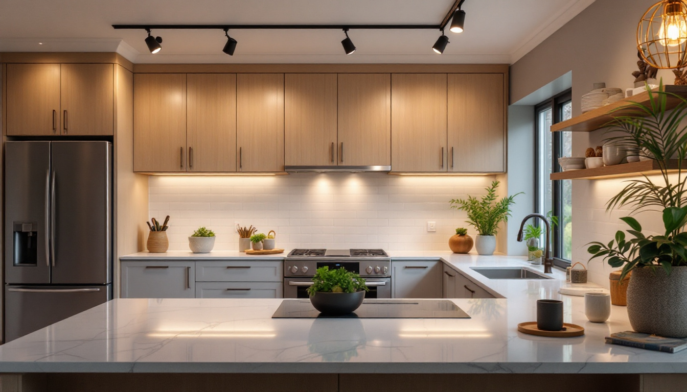 A photograph of a beautifully designed kitchen featuring a variety of track lighting options