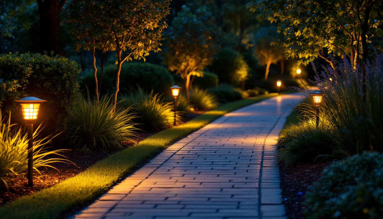 A photograph of a beautifully illuminated pathway featuring 120-volt led pathway lights