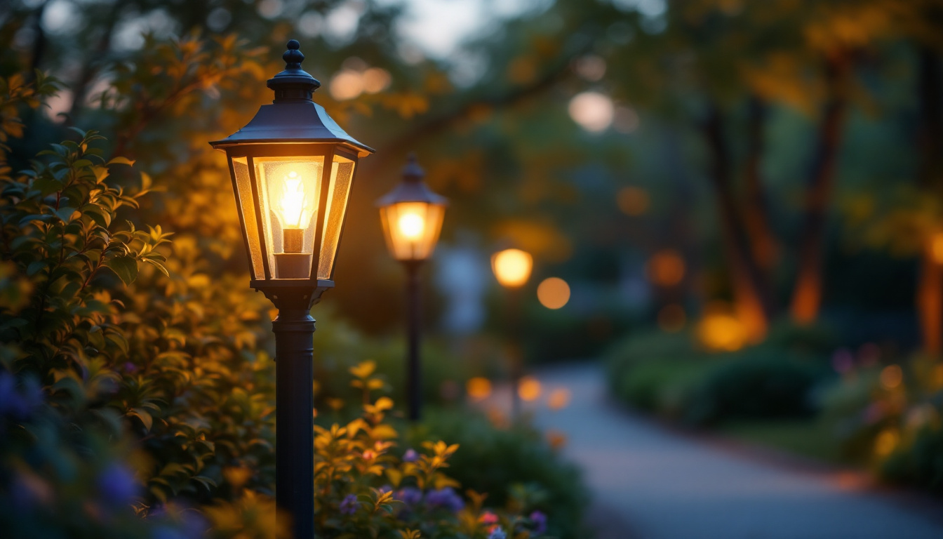 A photograph of a beautifully illuminated outdoor lantern post light in a scenic garden or pathway setting during twilight