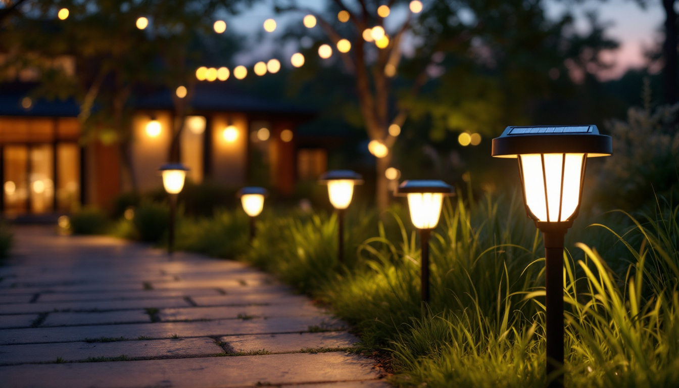 A photograph of a beautifully illuminated outdoor space showcasing various solar lights in use