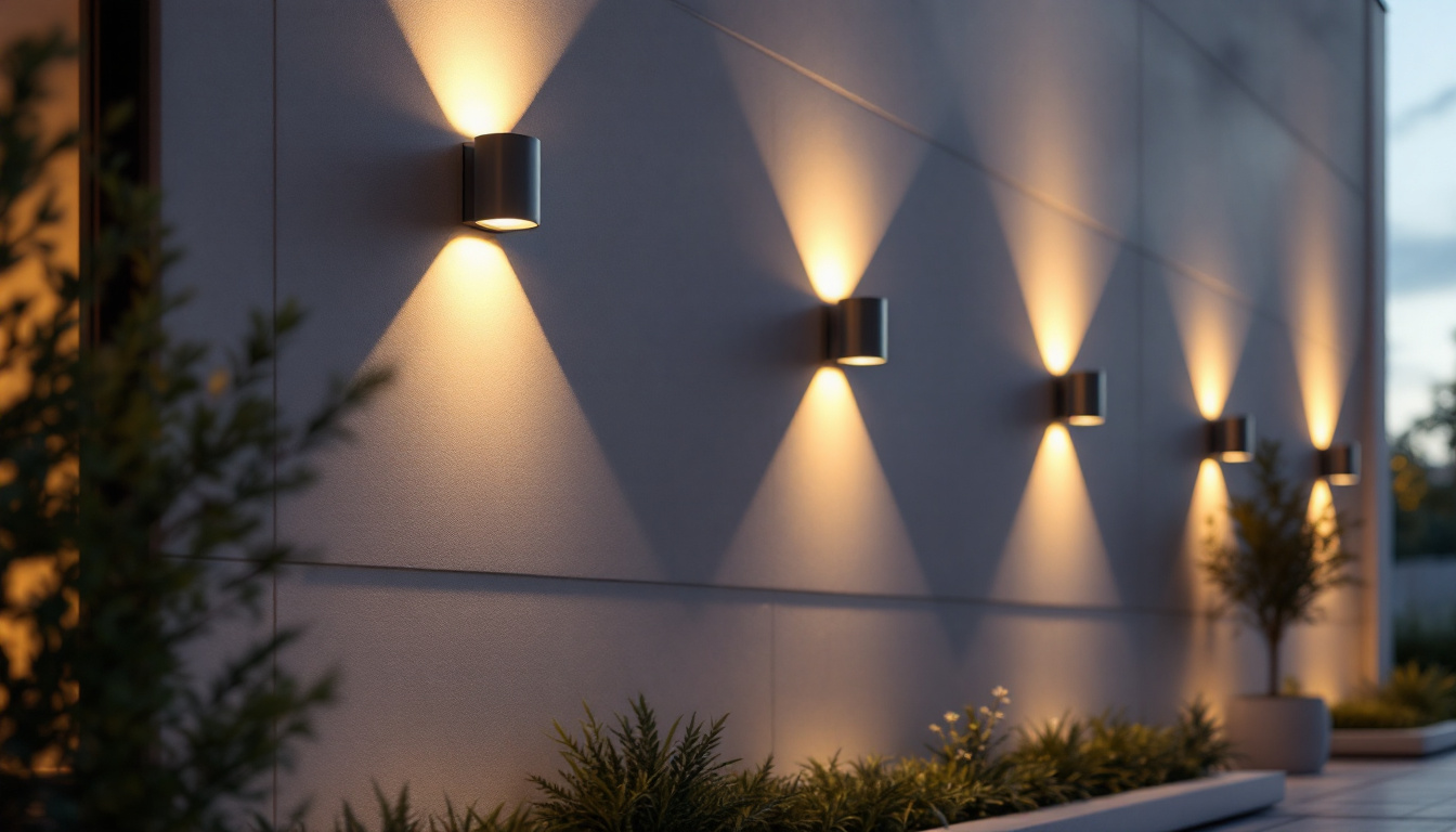 A photograph of a beautifully illuminated exterior wall featuring large wall lights that highlight architectural details