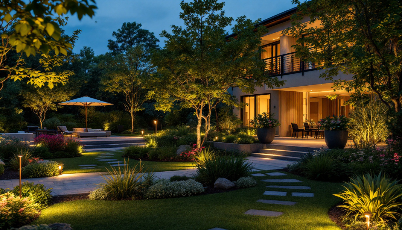 A photograph of a beautifully landscaped outdoor space at dusk
