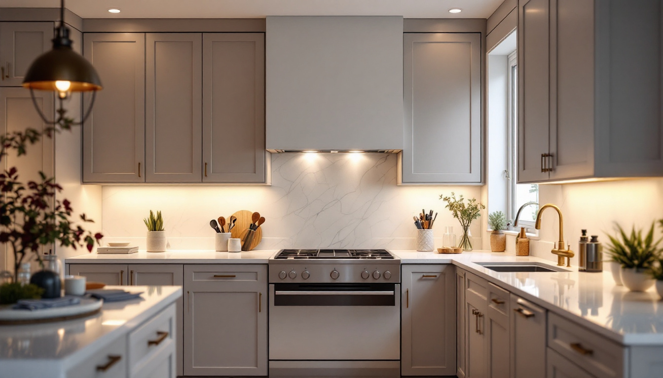 A photograph of a beautifully designed kitchen featuring stylish undercabinet lighting that highlights the countertops and creates a warm ambiance