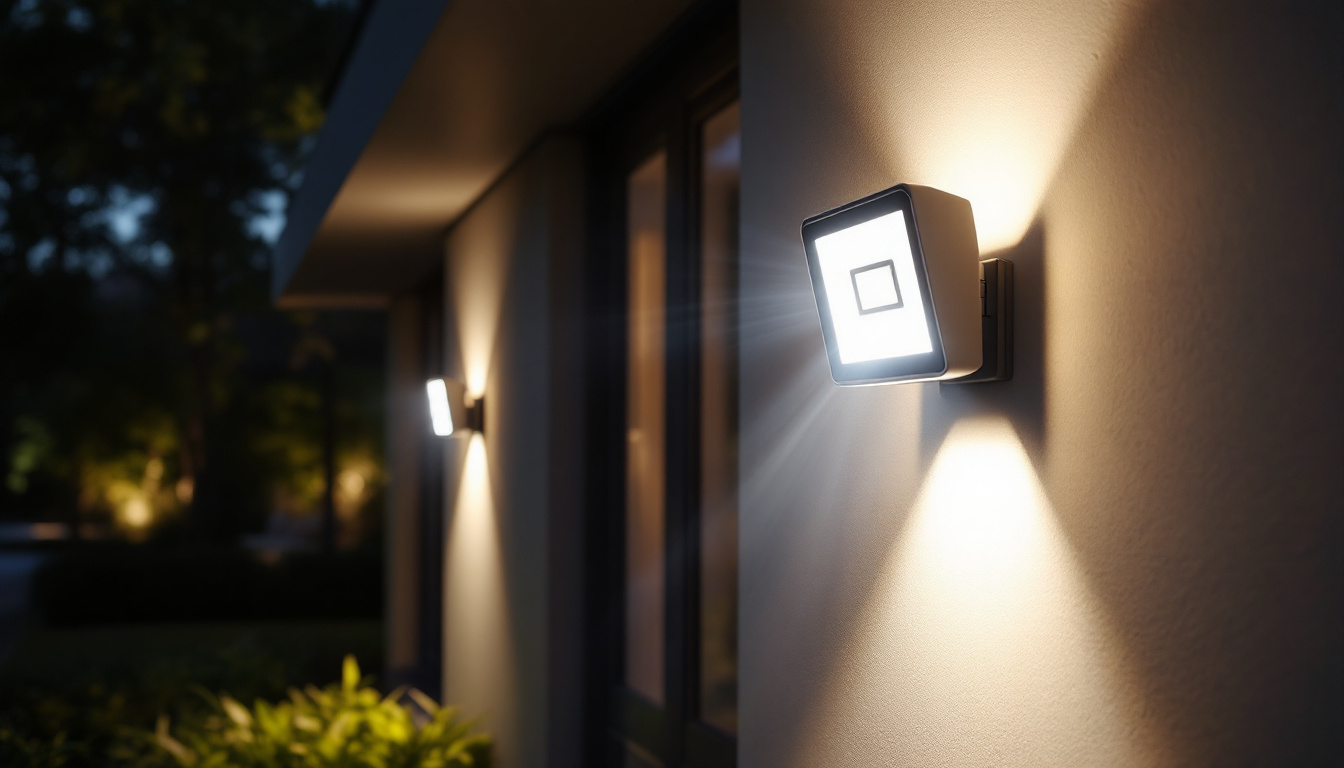 A photograph of a stylish exterior space illuminated by modern flood lights with motion sensors