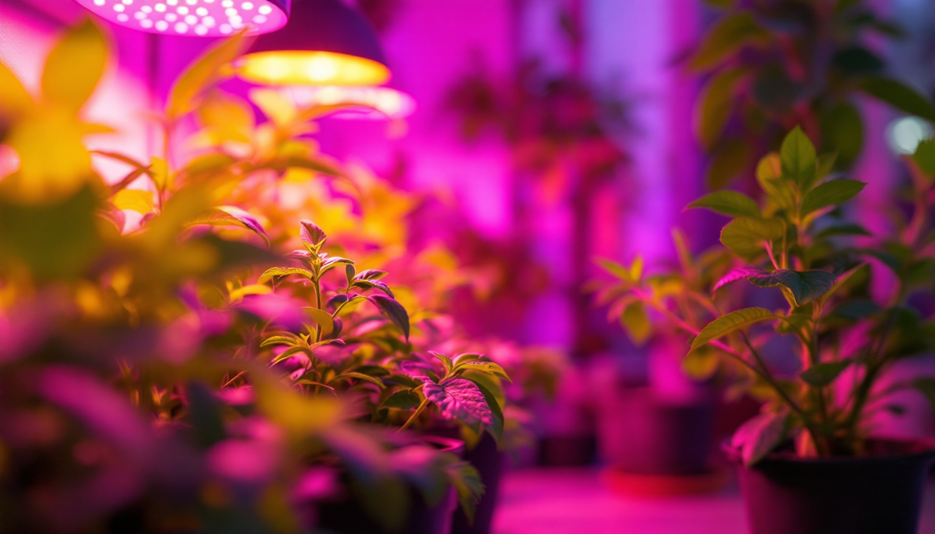 A photograph of a well-lit indoor or outdoor space showcasing the vibrant colors and versatility of led grow lights illuminating healthy plants