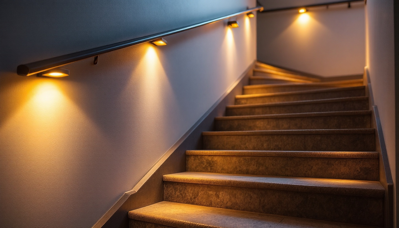 A photograph of a beautifully illuminated staircase featuring stylish stair lights