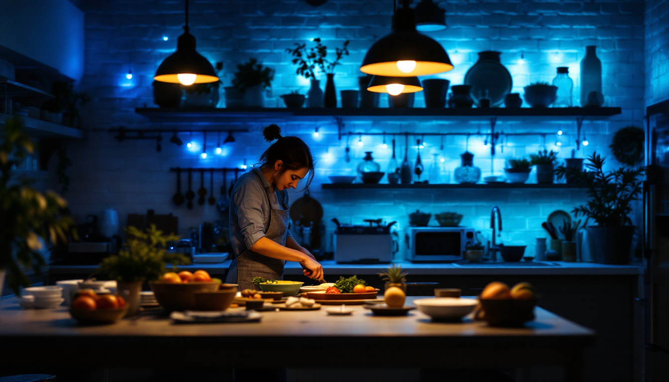A photograph of a well-lit kitchen workspace featuring stylish hanging lights that enhance the ambiance