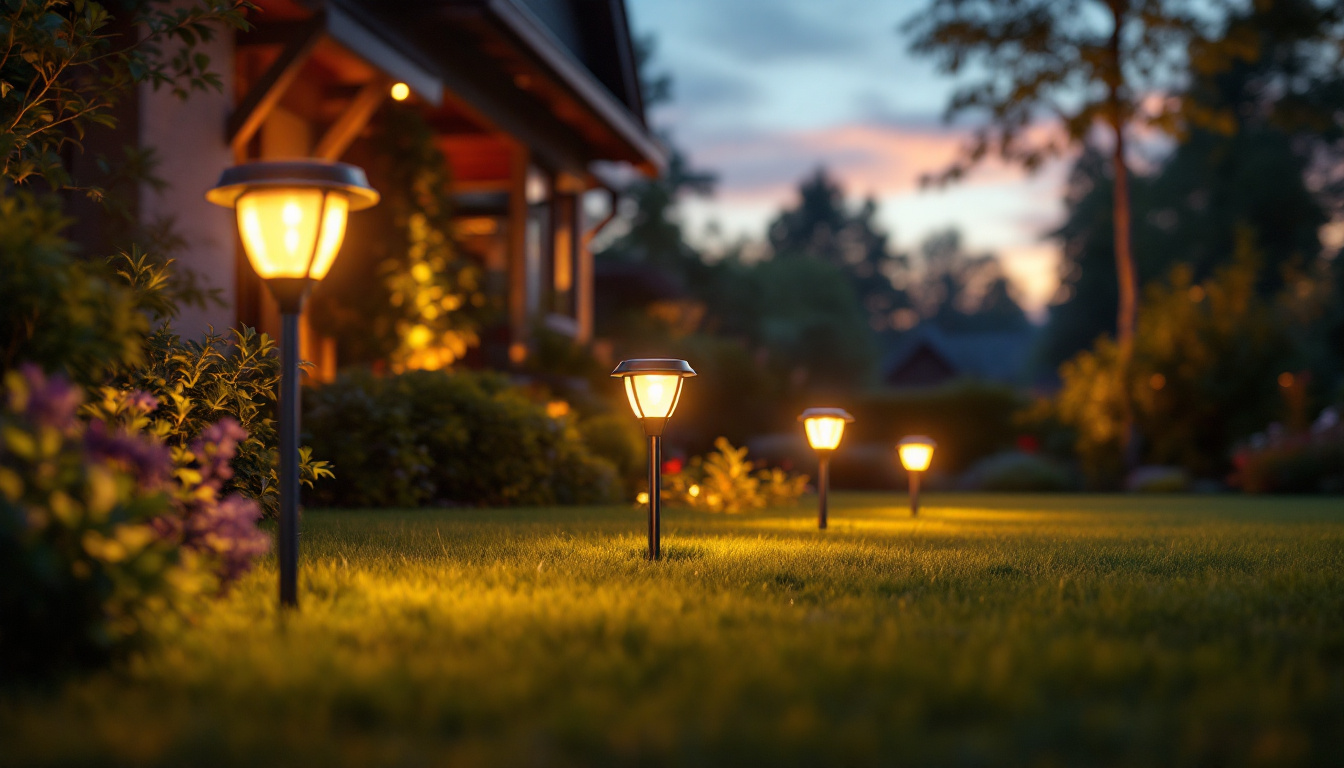 A photograph of a beautifully landscaped garden at dusk