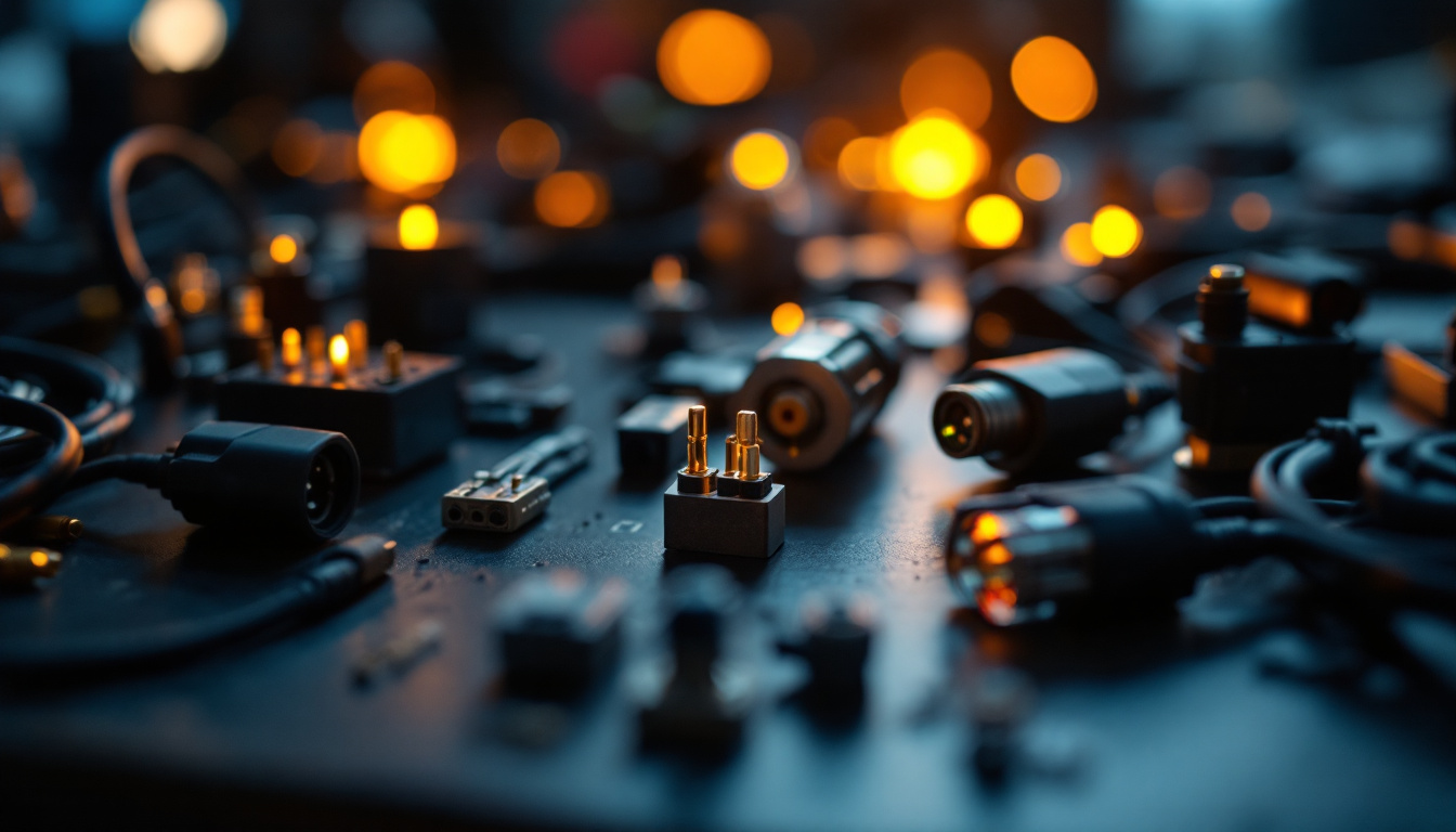 A photograph of a close-up of various electric connectors and wiring components arranged aesthetically on a workbench