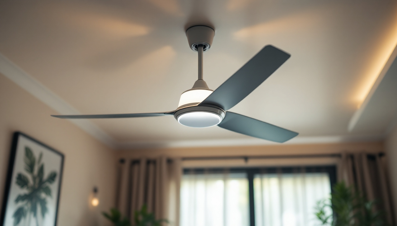 A photograph of capture a photograph of a stylish ceiling fan in a well-lit room