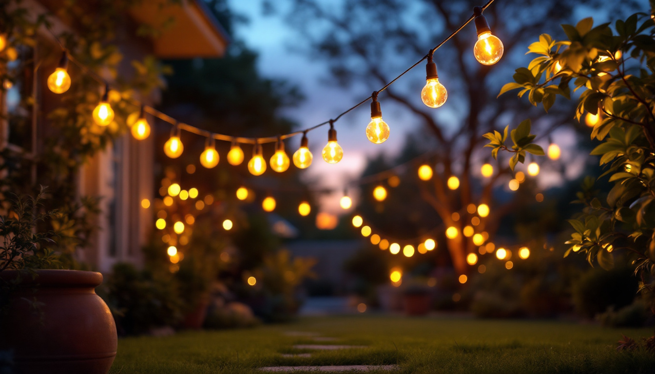 A photograph of a beautifully arranged outdoor scene featuring a string of led lamps draped elegantly across a garden or patio