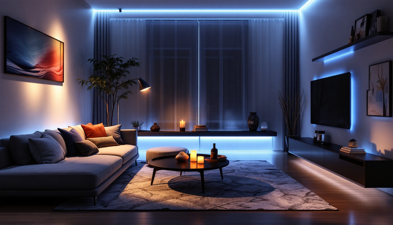 A photograph of a beautifully designed living space illuminated by flexible led lights