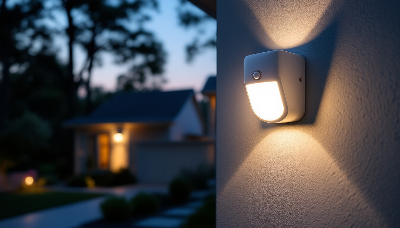 A photograph of a well-lit exterior scene showcasing a stylish motion sensor light installed on a home