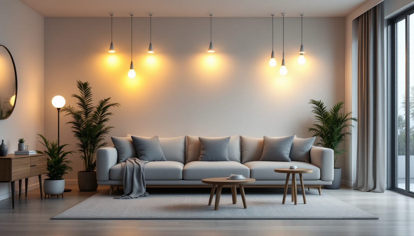 A photograph of a modern living space showcasing a variety of energy-efficient light fixtures