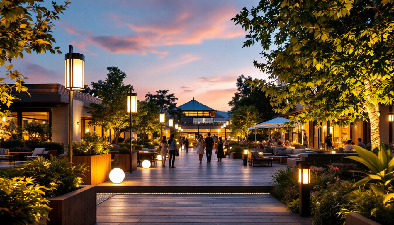 A photograph of a beautifully illuminated outdoor space featuring large outdoor lights in use