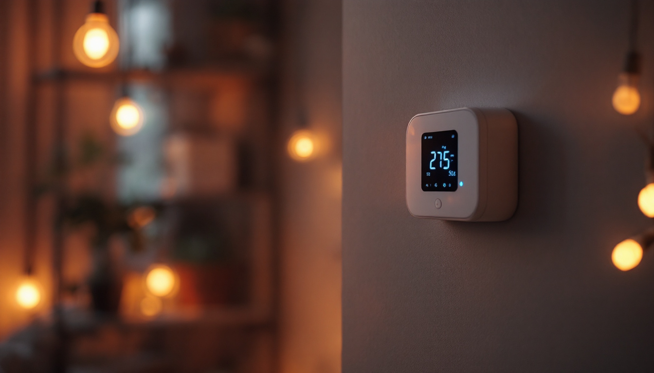A photograph of a modern digital timer installed on a wall next to energy-efficient led lights