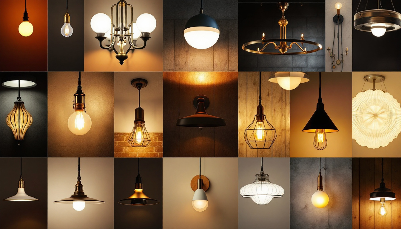 A photograph of a visually striking montage of various ceiling light designs throughout history
